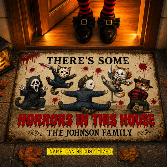 Funny Personalized Halloween Cat Doormat, There's Some Horrors In This House, Housewarming Gift, Spooky Season Doormat Decor Gift For Cat Lover, Horror Movie Fans