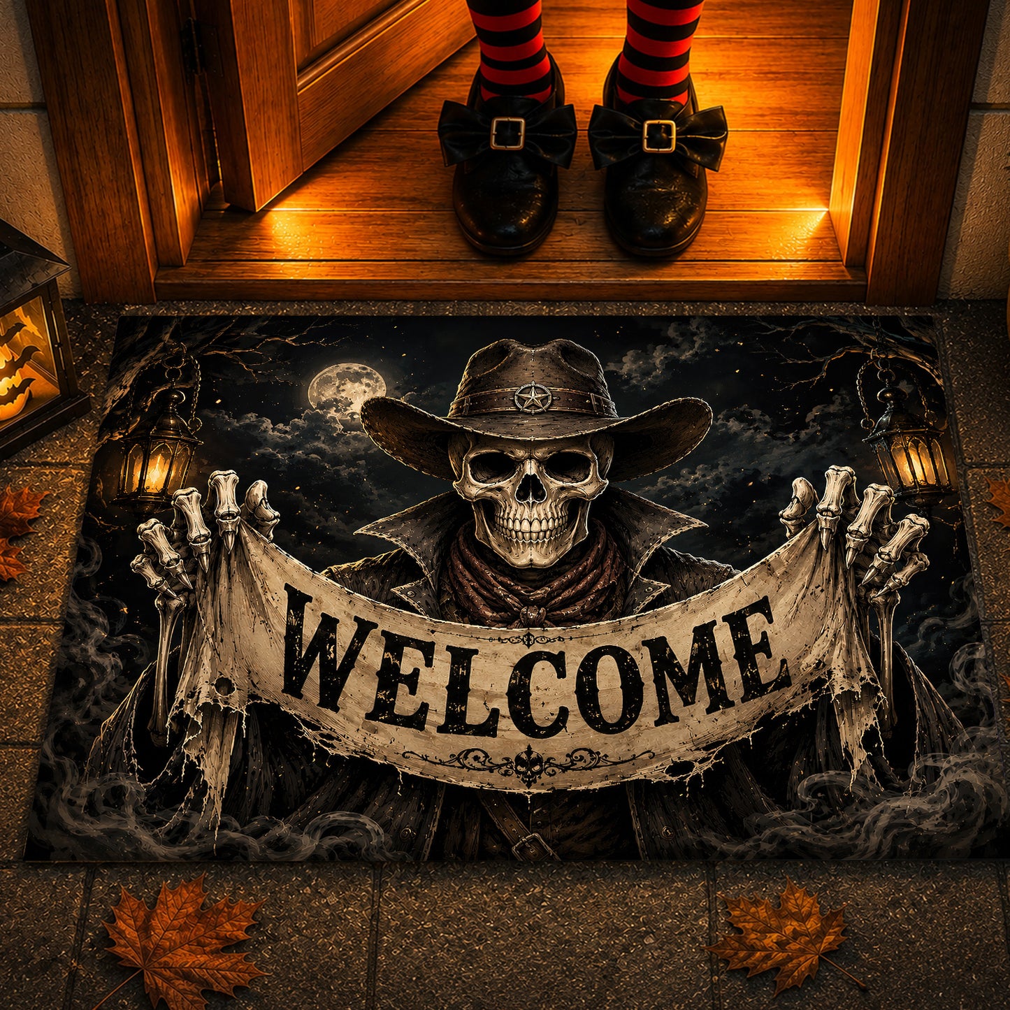 Halloween Cowboy Skeleton Doormat, Welcome Doormat For Home Decor Housewarming Spooky Season Gift For Cowboys, Skeleton Lover