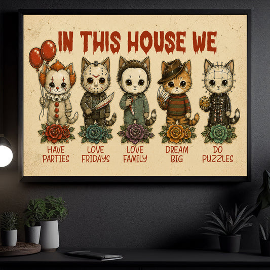 Vintage Halloween Cat Canvas Painting, In This House We Have Parties Wall Art Decor, Spooky Season Poster Gift For Cat Lover, Horror Movie Fans