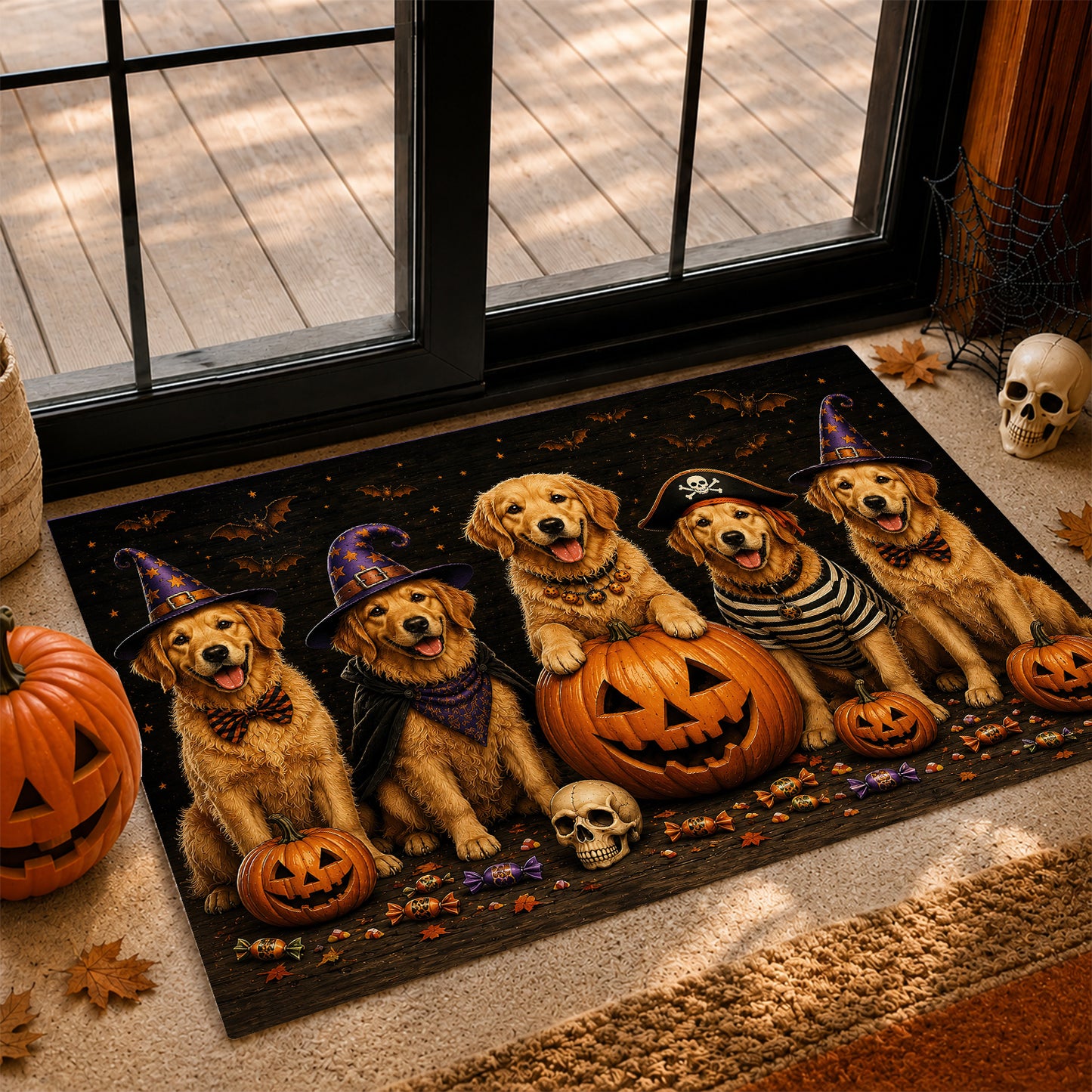 Halloween Golden Retriever Dog Doormat, The Golden Ghoul Gang Welcome Doormat For Home Decor Housewarming Spooky Season Gift For Dog Lover