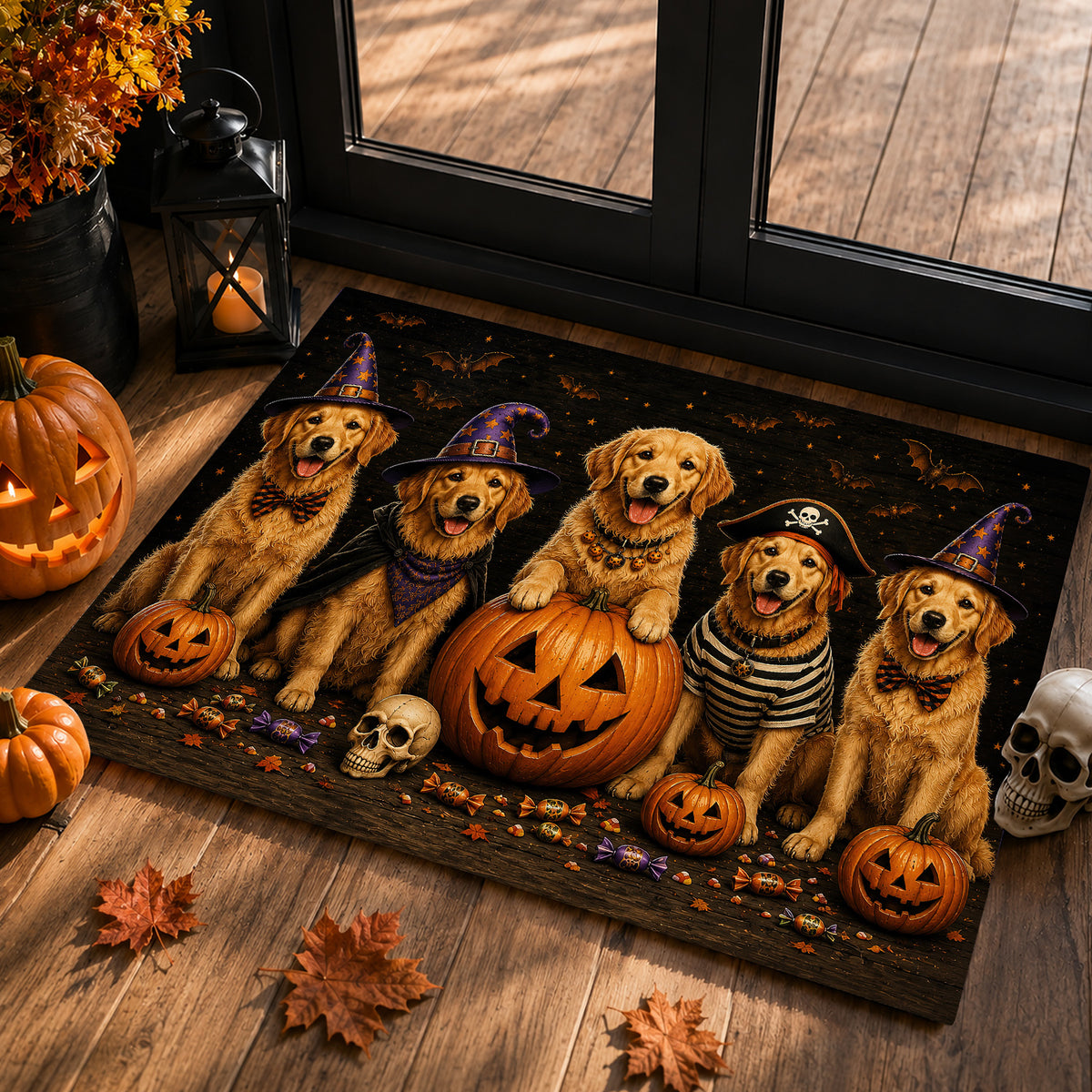 Halloween Golden Retriever Dog Doormat, The Golden Ghoul Gang Welcome Doormat For Home Decor Housewarming Spooky Season Gift For Dog Lover