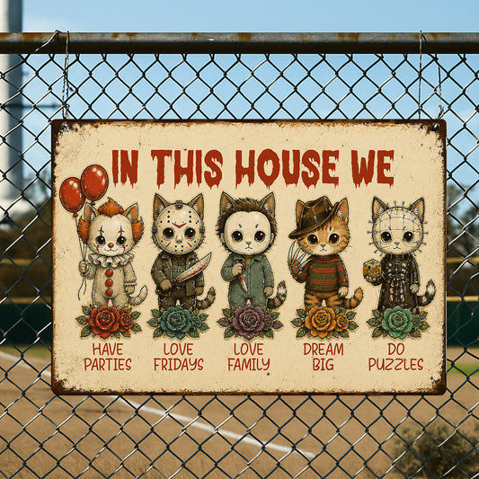 Vintage Halloween Cat Metal Sign, In This House We Have Parties Yard Sign, Spooky Season Field Decor Gift For Cat Lover, Horror Movie Fans