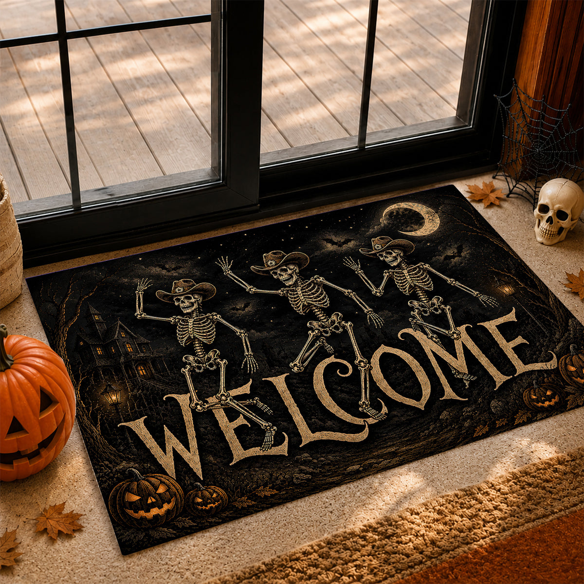 Halloween Cowboy Skeleton Doormat, Welcome Doormat For Home Decor Housewarming Spooky Season Gift For Cowboys, Skeleton Lover