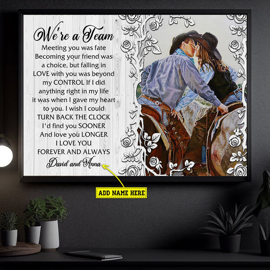 Personalized Valentine's Day Cowboy Canvas Painting, We're A Team Falling In Love With You, Romantic Rodeo Wall Art Decor - Valentines Poster Gift For Rodeo Lovers