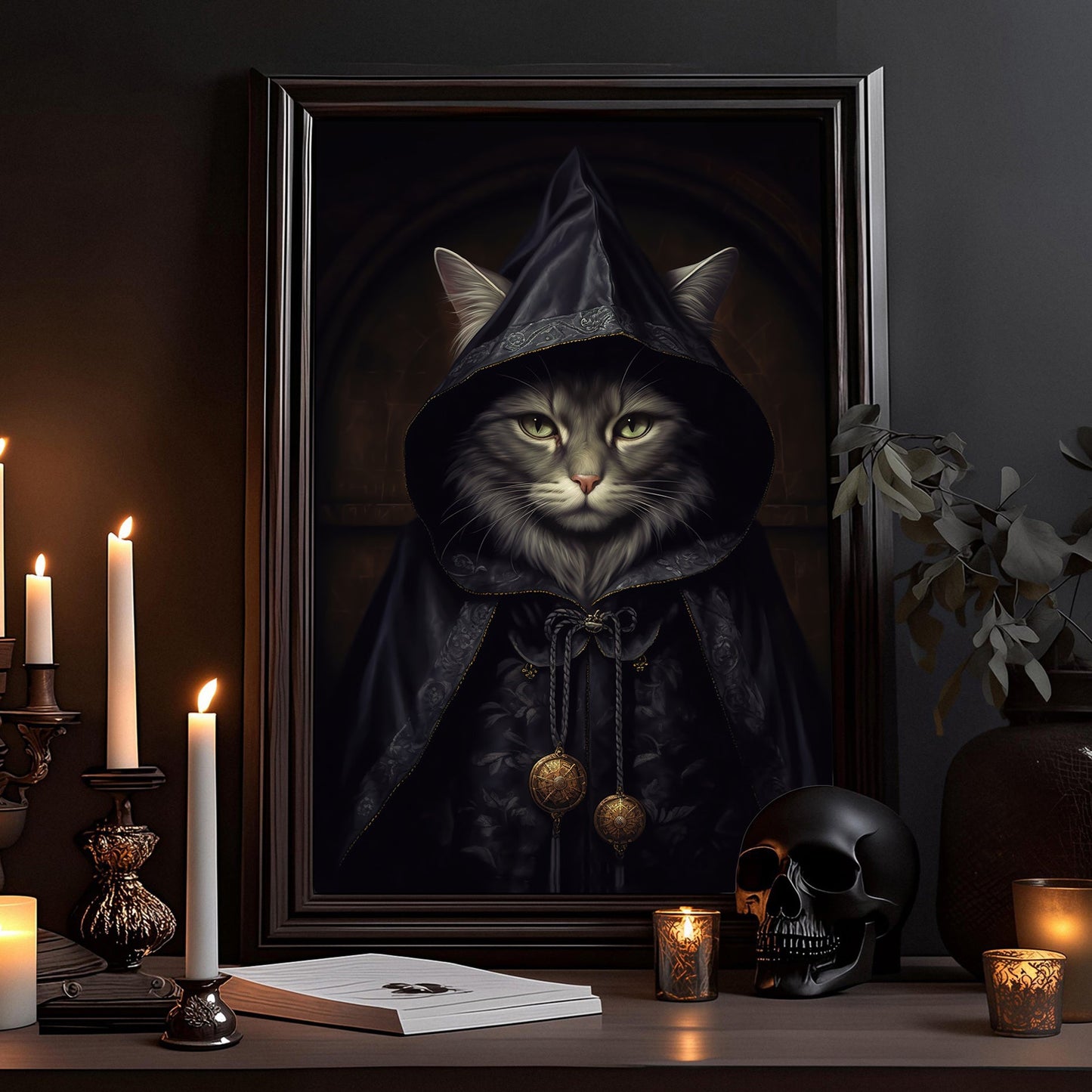 Cool Black Cat Witch Spooky Halloween Canvas Painting, Wall Art Decor - Dark Cat Witch Halloween Poster Gift