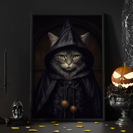 Cool Black Cat Witch Spooky Halloween Canvas Painting, Wall Art Decor - Dark Cat Witch Halloween Poster Gift