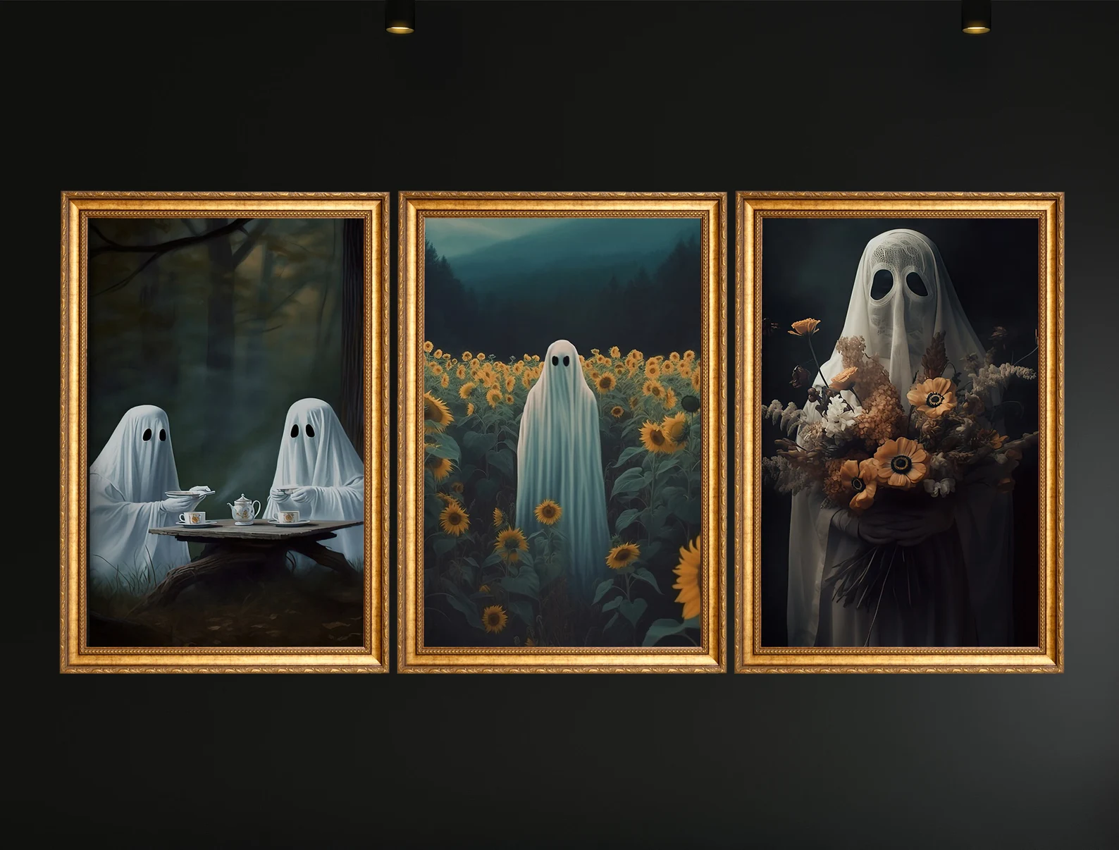 Set Of 3 Ghost In The Sunflowers Garden, Ghost Canvas Painting, Wall A ...