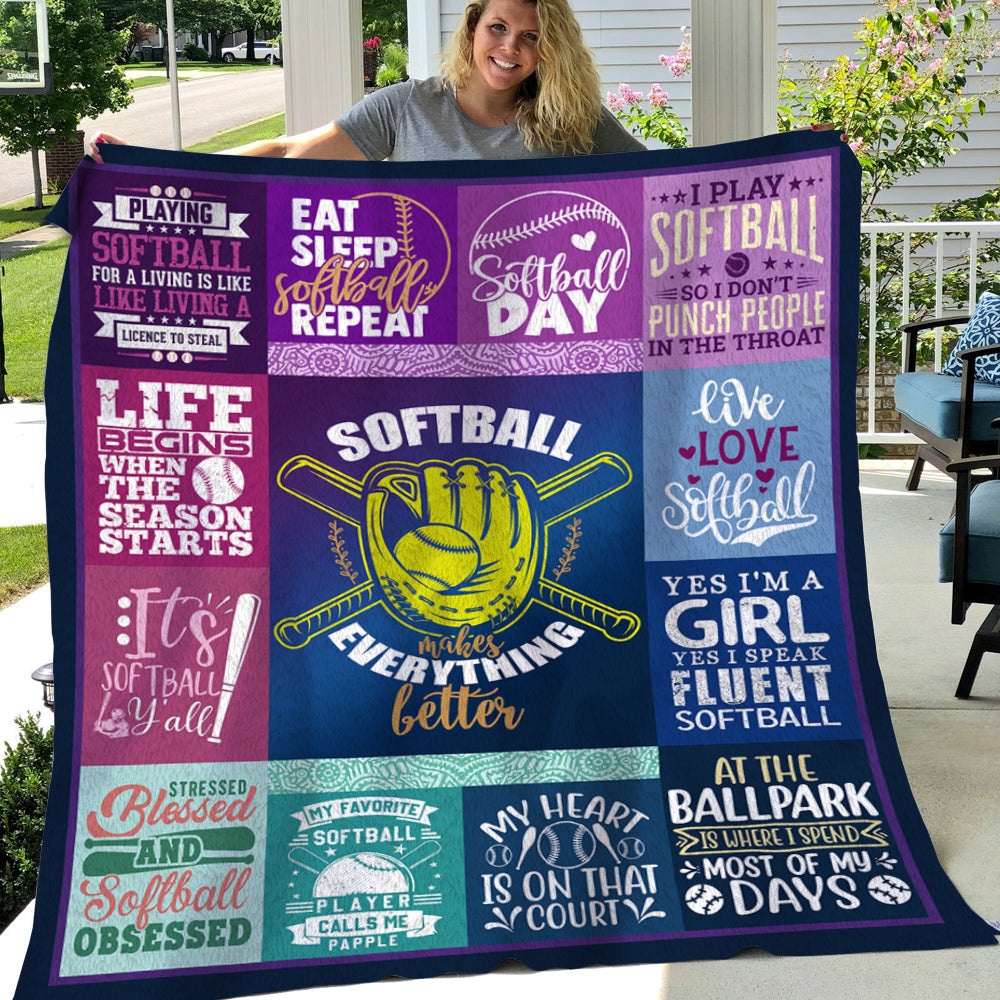 Softball Blanket, Eat Sleep Softball Repeat Fleece Blanket - Sherpa Blanket Gift For Softball Lovers, Softball Players, Softball Girls