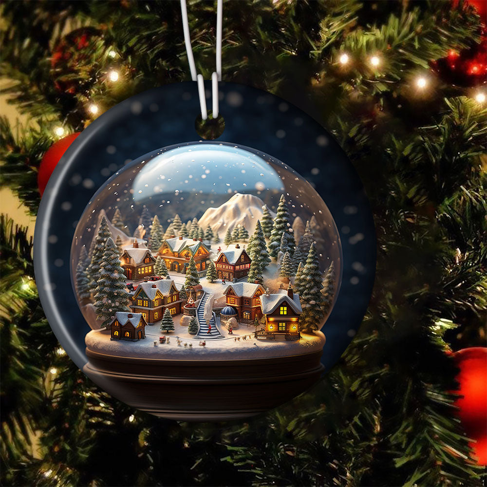 Enchanted Snow Globe Village, Globe Circle Ceramic Ornament Christmas Gift