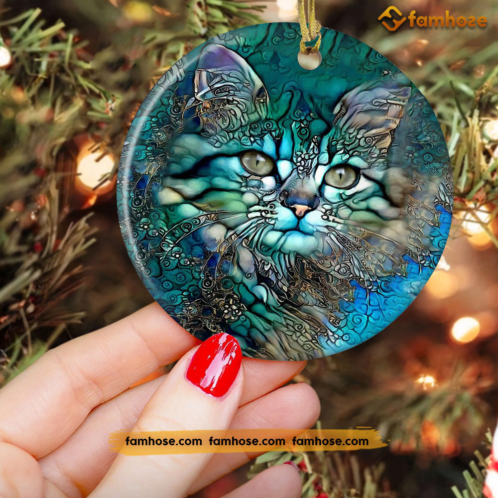 Cute Christmas Cat Ornament, Cat With The Beautiful Eyes Gift For Cat Lovers, Circle Ceramic Ornament