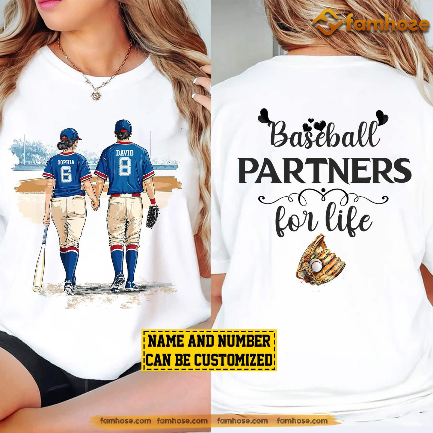 Personalized Couple Baseball Two-sided T-shirt, Baseball Partners For Life, Couple Valentine's Day Gift For Baseball Lovers