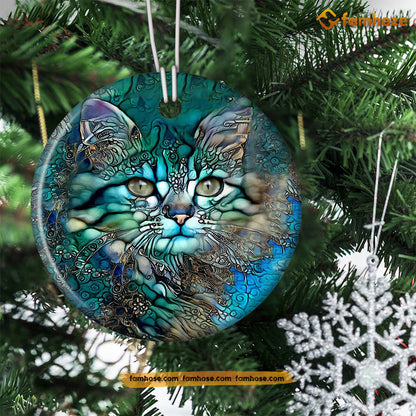 Cute Christmas Cat Ornament, Cat With The Beautiful Eyes Gift For Cat Lovers, Circle Ceramic Ornament