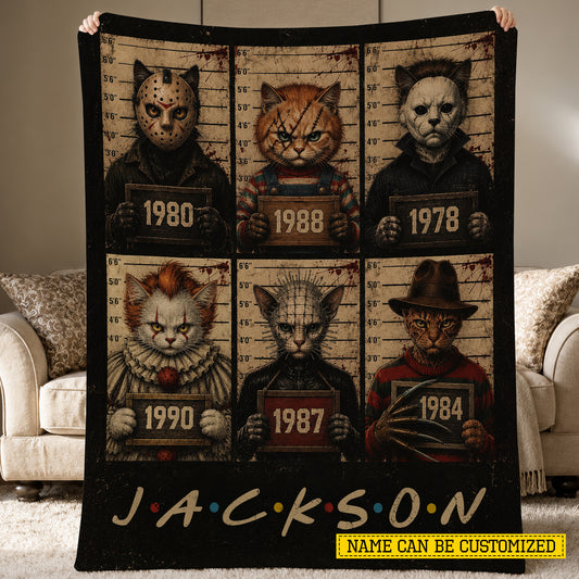 Vintage Personalized Halloween Cat Fleece Blanket, Nine Lives, Six Crimes Woven Blanket, Sherpa Blanket Spooky Season Gift For Cat Lover, Horror Movie Fans