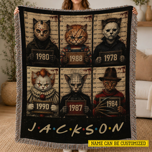 Vintage Personalized Halloween Cat Fleece Blanket, Nine Lives, Six Crimes Woven Blanket, Sherpa Blanket Spooky Season Gift For Cat Lover, Horror Movie Fans
