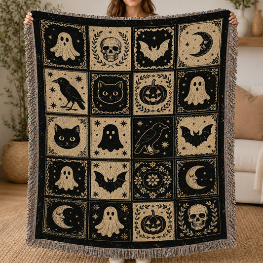 Vintage Halloween Quilt Fleece Blanket, Midnight Curiosities Woven Blanket, Sherpa Blanket Spooky Season Gift For Cat Lover