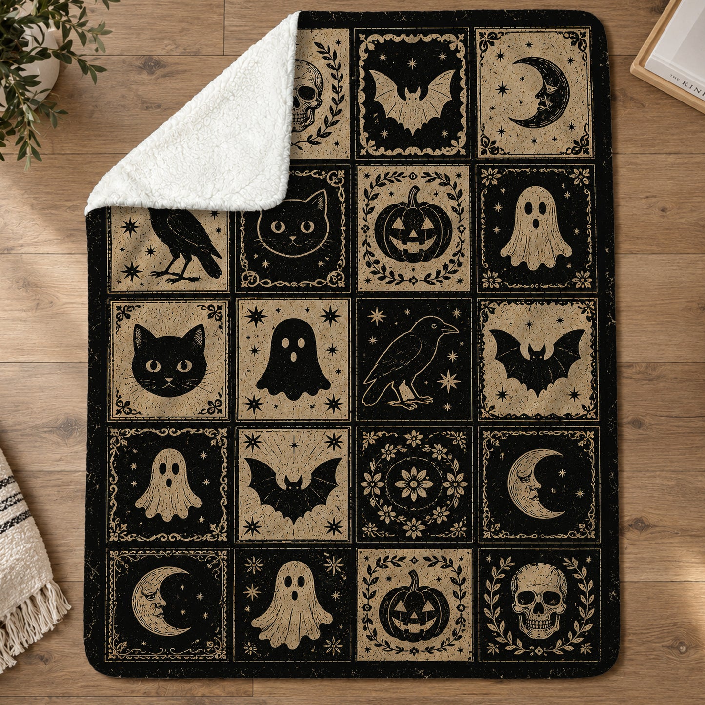 Vintage Halloween Quilt Fleece Blanket, Midnight Curiosities Woven Blanket, Sherpa Blanket Spooky Season Gift For Cat Lover