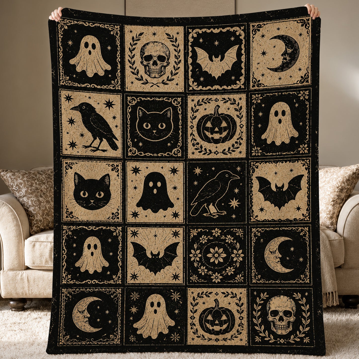 Vintage Halloween Quilt Fleece Blanket, Midnight Curiosities Woven Blanket, Sherpa Blanket Spooky Season Gift For Cat Lover
