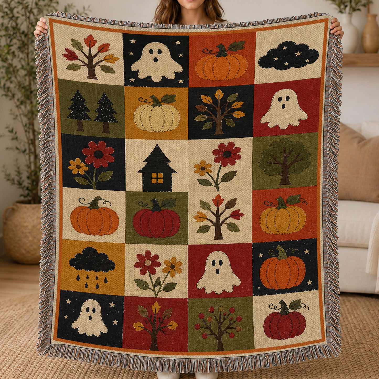 Vintage Halloween Quilt Fleece Blanket, Little Ghosts Of Autumn Woven Blanket, Sherpa Blanket Spooky Season Gift For Ghost Lover