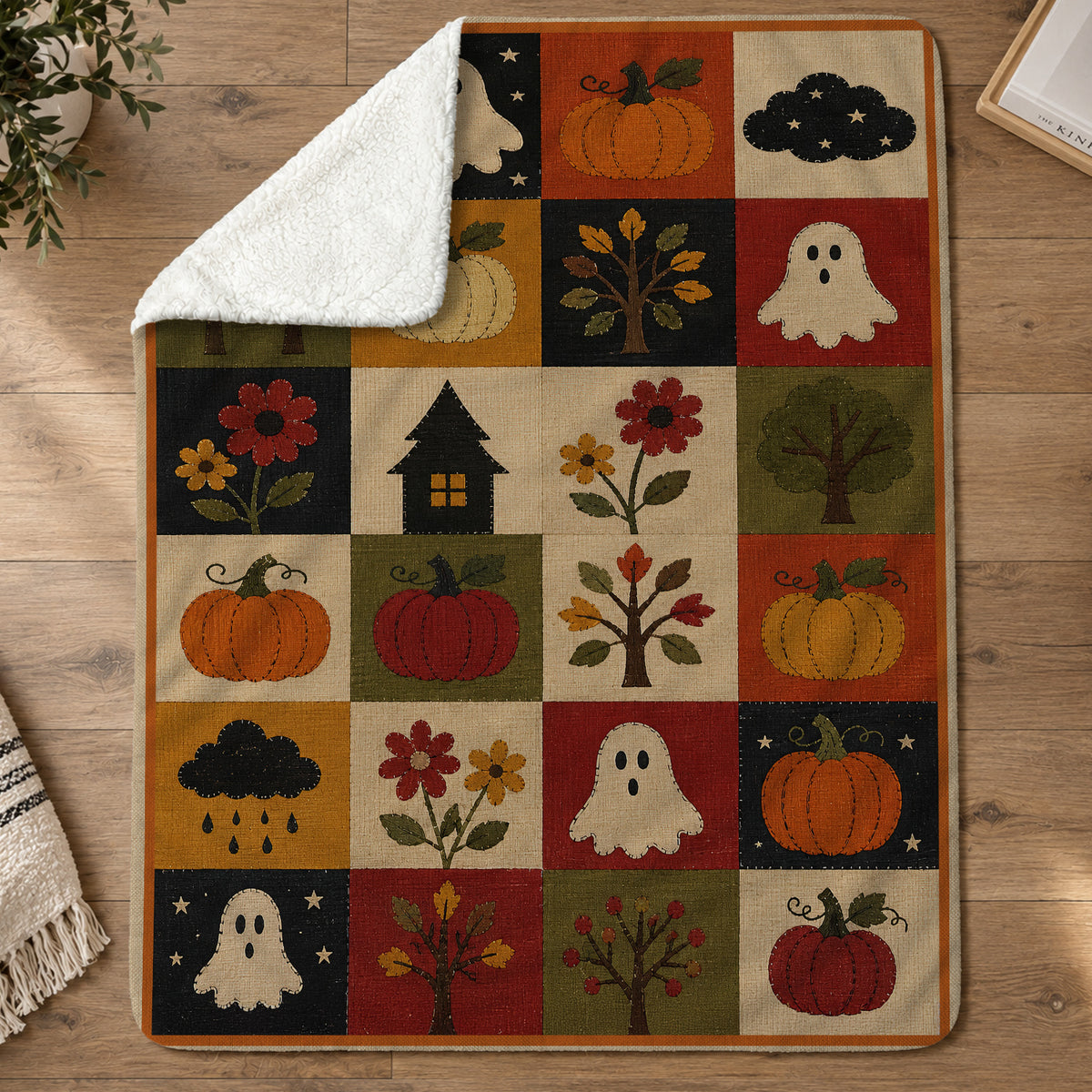 Vintage Halloween Quilt Fleece Blanket, Little Ghosts Of Autumn Woven Blanket, Sherpa Blanket Spooky Season Gift For Ghost Lover
