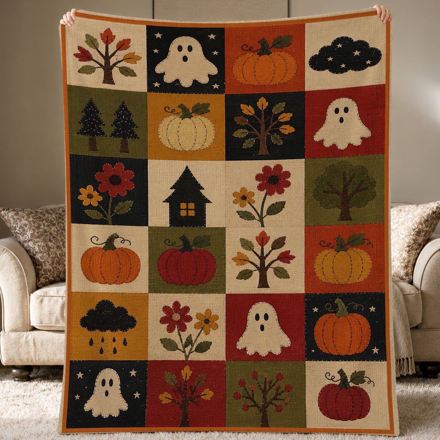 Vintage Halloween Quilt Fleece Blanket, Little Ghosts Of Autumn Woven Blanket, Sherpa Blanket Spooky Season Gift For Ghost Lover