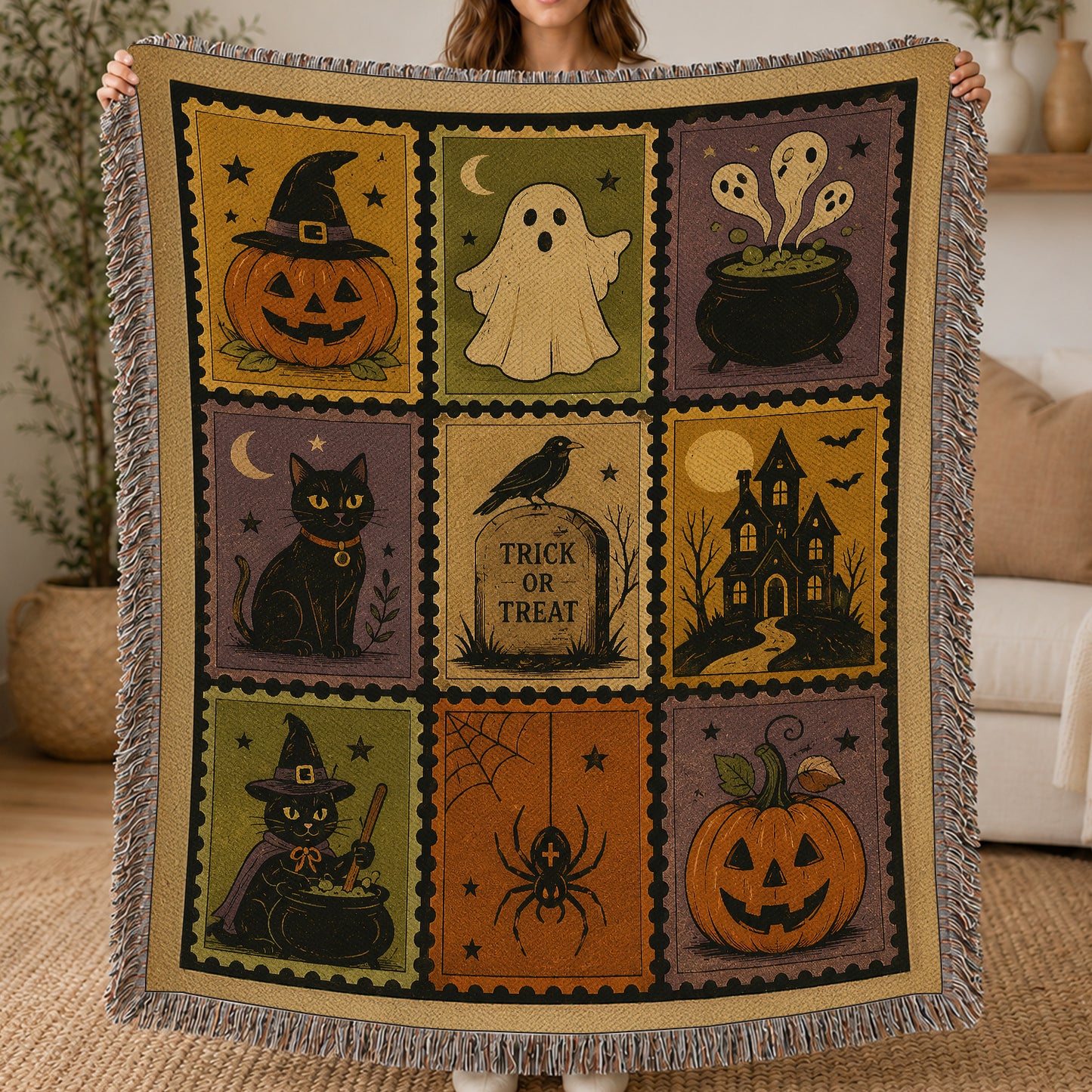 Vintage Halloween Quilt Fleece Blanket, The Haunted Stamp Collection Woven Blanket, Sherpa Blanket Spooky Season Gift For Cat Lover