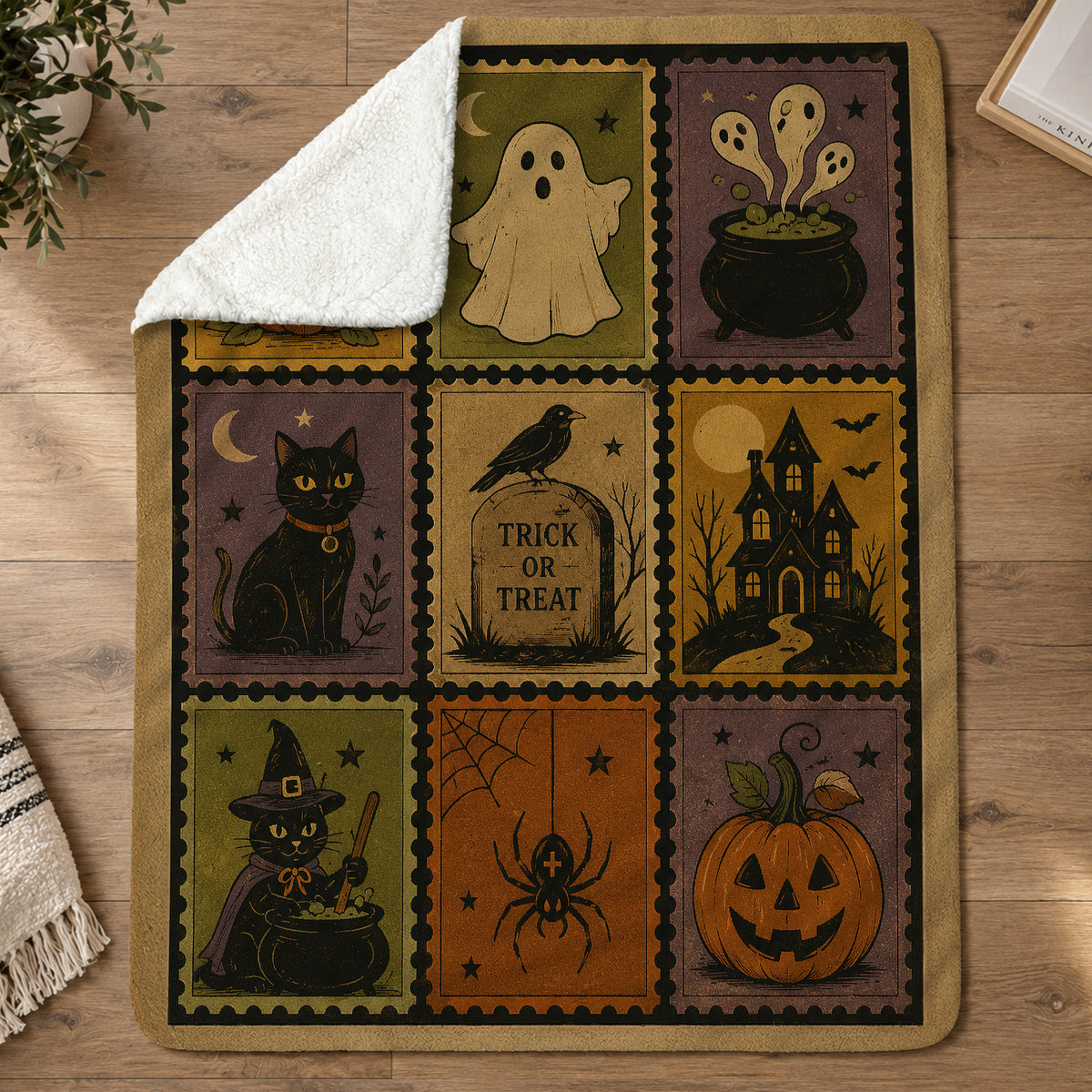 Vintage Halloween Quilt Fleece Blanket, The Haunted Stamp Collection Woven Blanket, Sherpa Blanket Spooky Season Gift For Cat Lover