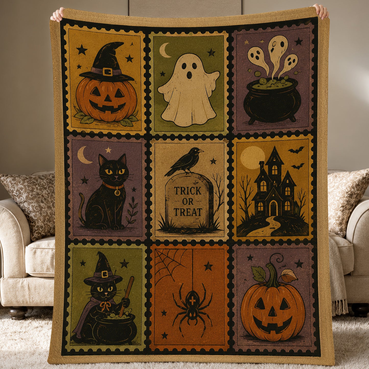 Vintage Halloween Quilt Fleece Blanket, The Haunted Stamp Collection Woven Blanket, Sherpa Blanket Spooky Season Gift For Cat Lover