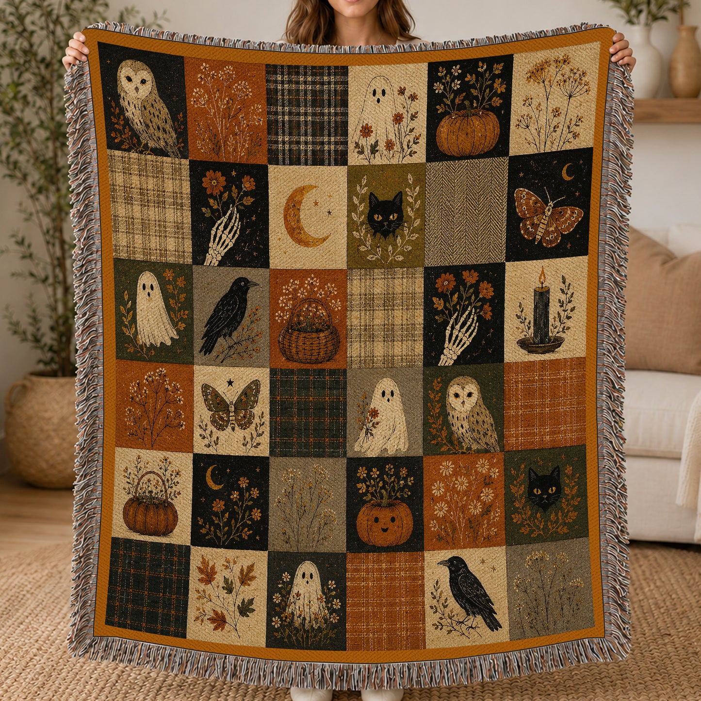 Vintage Halloween Quilt Fleece Blanket, Whispers Of October Woven Blanket, Sherpa Blanket Spooky Season Gift For Ghost Lover