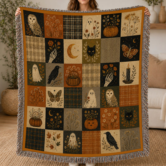 Vintage Halloween Quilt Fleece Blanket, Whispers Of October Woven Blanket, Sherpa Blanket Spooky Season Gift For Ghost Lover