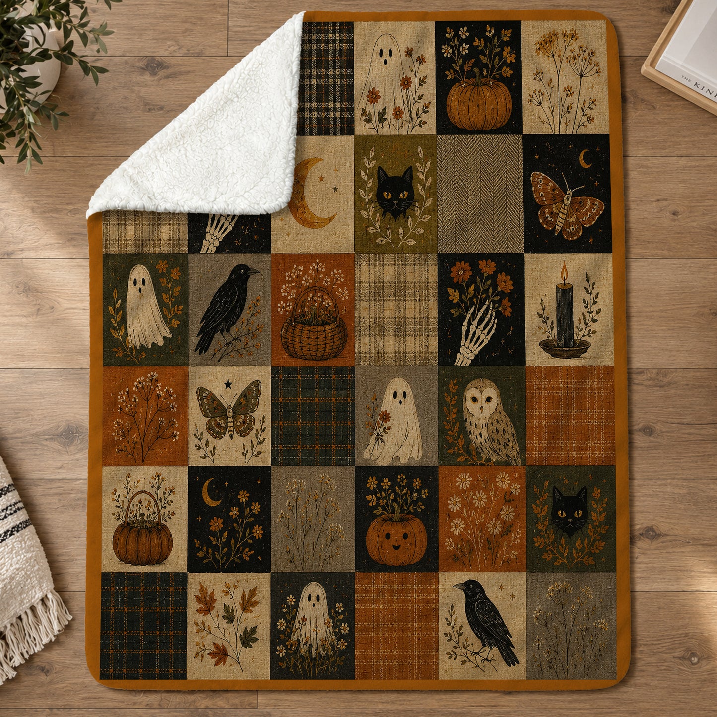 Vintage Halloween Quilt Fleece Blanket, Whispers Of October Woven Blanket, Sherpa Blanket Spooky Season Gift For Ghost Lover