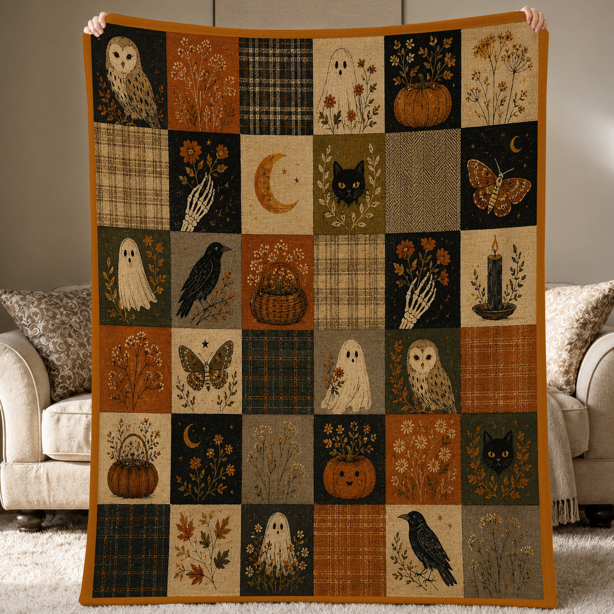 Vintage Halloween Quilt Fleece Blanket, Whispers Of October Woven Blanket, Sherpa Blanket Spooky Season Gift For Ghost Lover