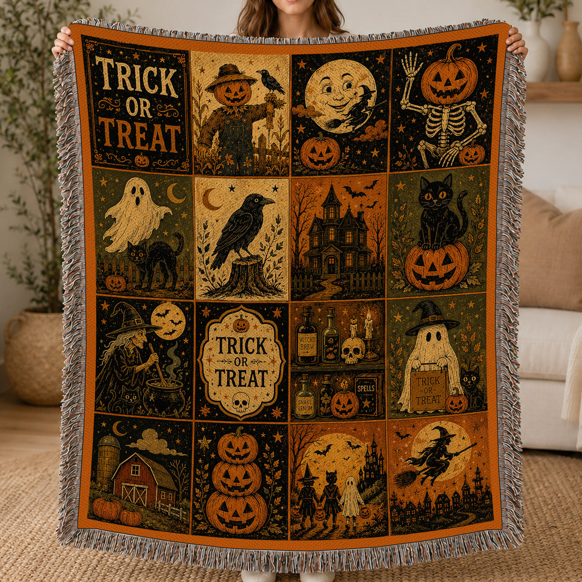 Vintage Halloween Quilt Fleece Blanket, Tales From Halloween Night Woven Blanket, Sherpa Blanket Spooky Season Gift For Cat Lover