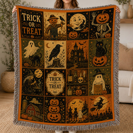 Vintage Halloween Quilt Fleece Blanket, Tales From Halloween Night Woven Blanket, Sherpa Blanket Spooky Season Gift For Cat Lover