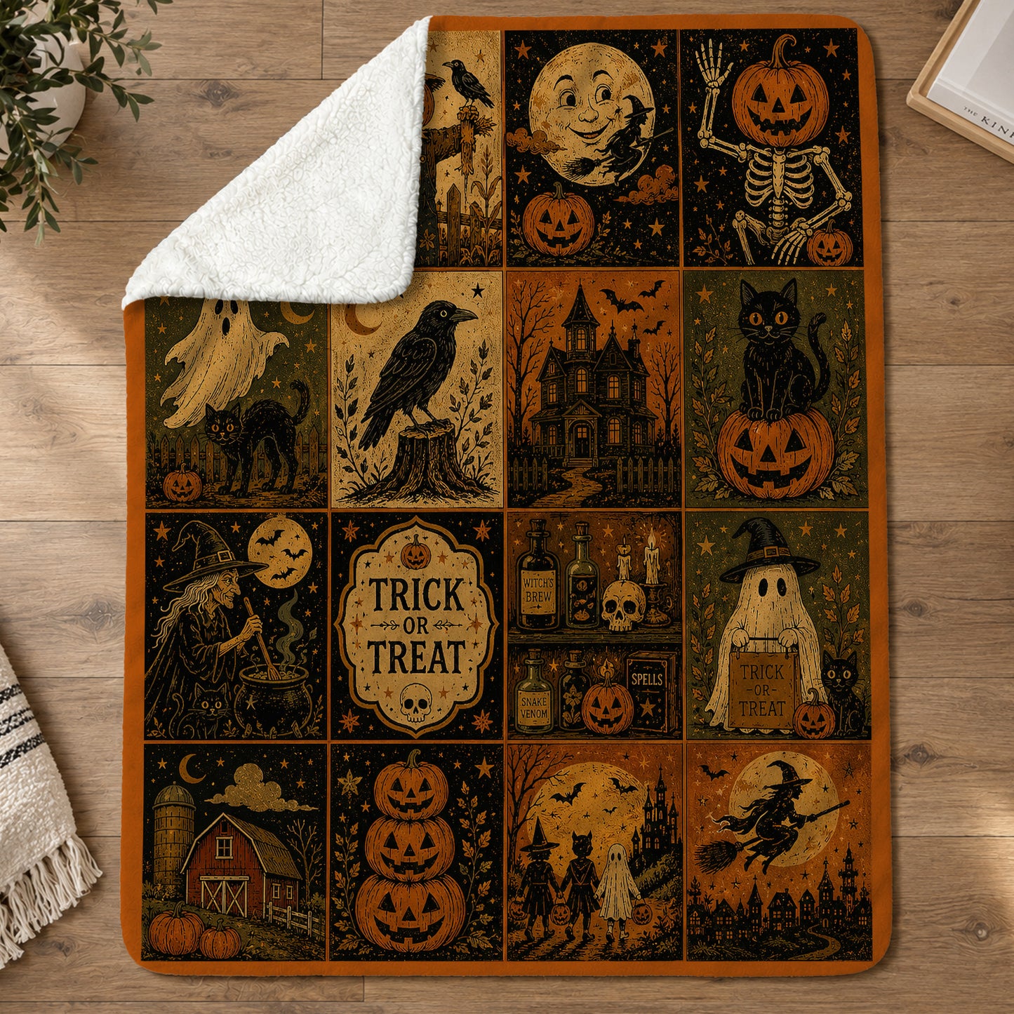 Vintage Halloween Quilt Fleece Blanket, Tales From Halloween Night Woven Blanket, Sherpa Blanket Spooky Season Gift For Cat Lover