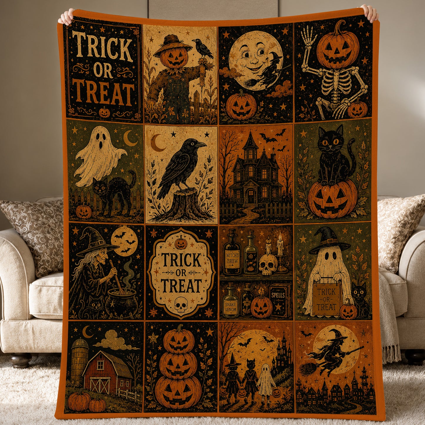 Vintage Halloween Quilt Fleece Blanket, Tales From Halloween Night Woven Blanket, Sherpa Blanket Spooky Season Gift For Cat Lover