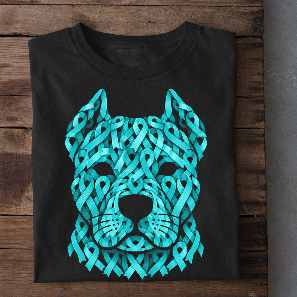 Pitbull Dog Ovarian Cancer Awareness T-shirt, Teal Awareness Ribbons Pitbull Dog Tees Gift For Dog Lovers