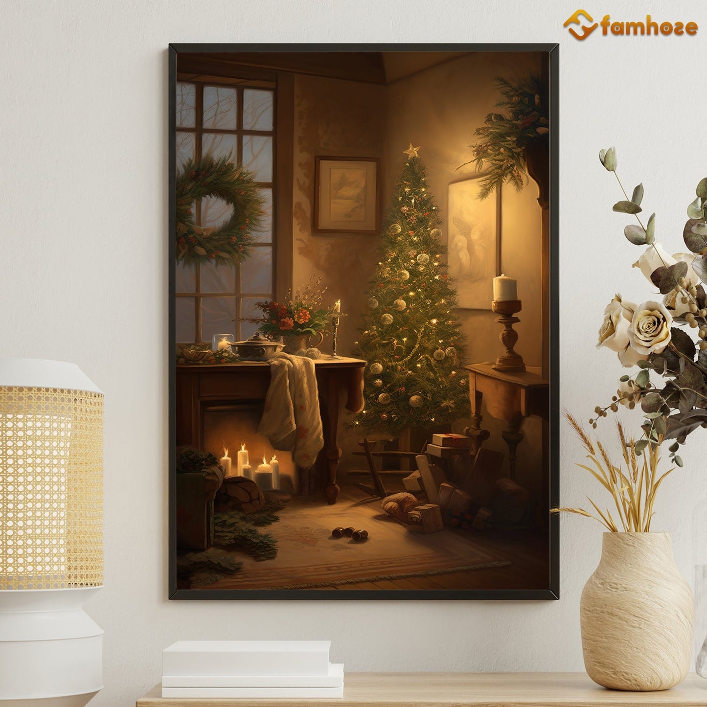 Cozy Christmas Evening Warmth by the Hearth Christmas Canvas Painting, Xmas Wall Art Decor - Christmas Poster Gift