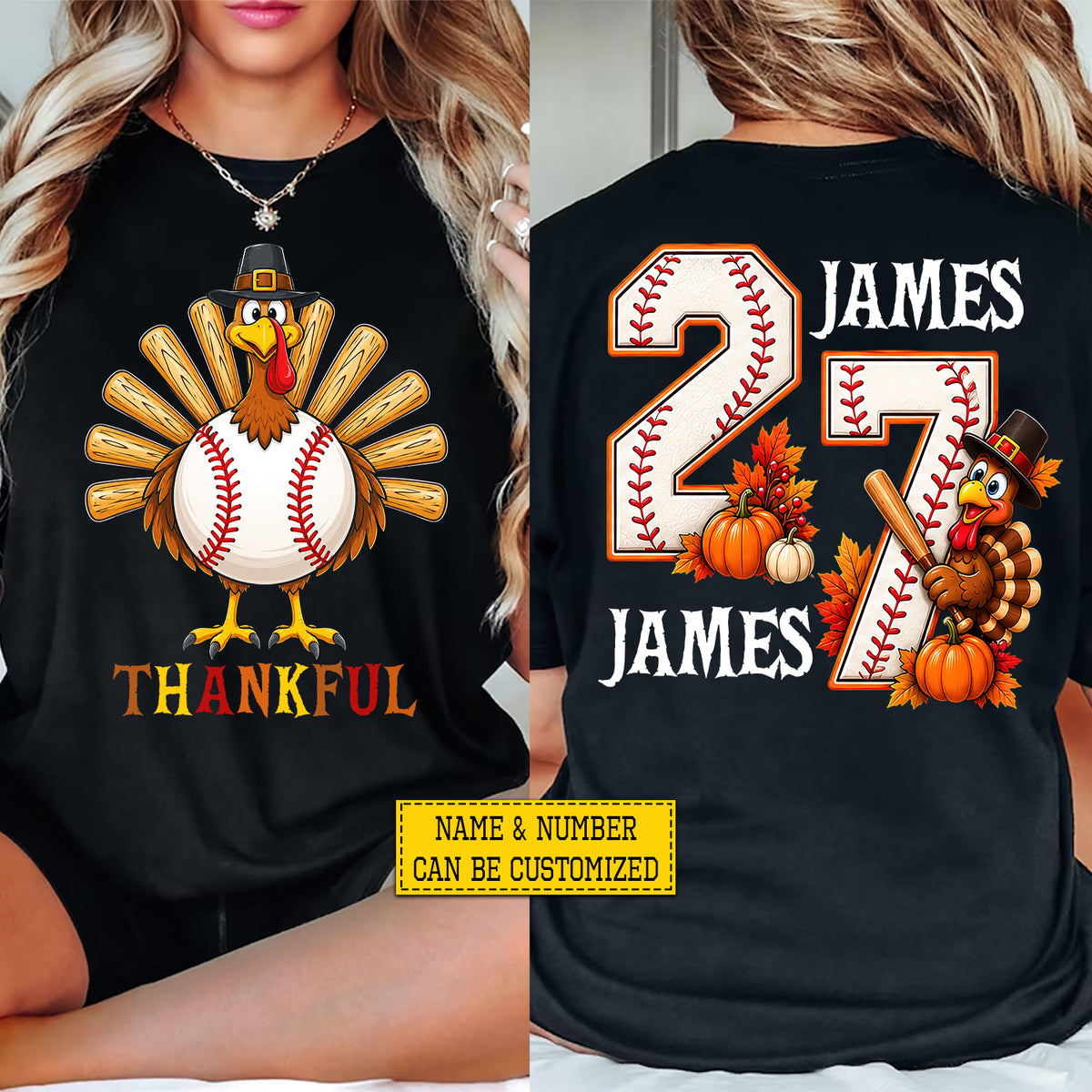 Personalized Thanksgiving Baseball Turkey Two-sided T-shirt, Thankful Tees Gift For Baseball Lover
