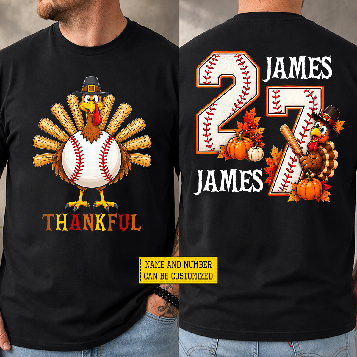 Personalized Thanksgiving Baseball Turkey Two-sided T-shirt, Thankful Tees Gift For Baseball Lover