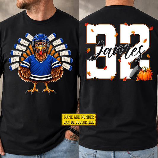 Personalized Thanksgiving Hockey Turkey Two-sided T-shirt, Turkey Takes The Ice Tees Thankful Gift For Hockey Lover