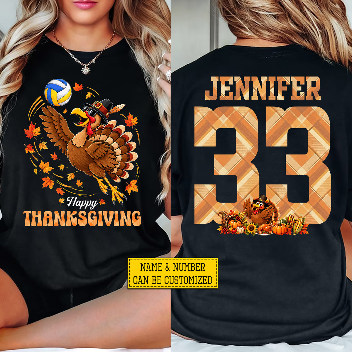 Personalized Thanksgiving Volleyball Turkey Two-sided T-shirt, Happy Thanksgiving Tees Thankful Gift For Volleyball Lover