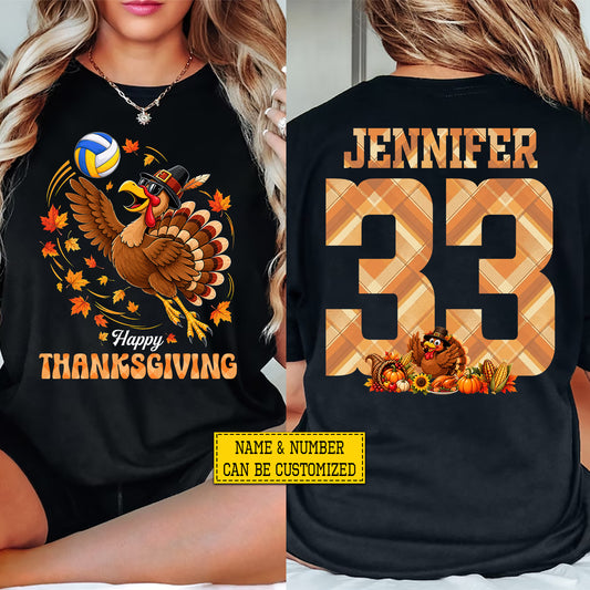 Personalized Thanksgiving Volleyball Turkey Two-sided T-shirt, Happy Thanksgiving Tees Thankful Gift For Volleyball Lover