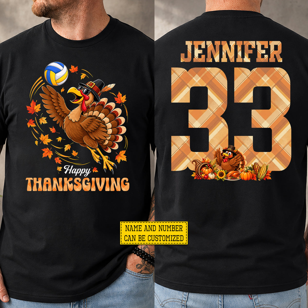 Personalized Thanksgiving Volleyball Turkey Two-sided T-shirt, Happy Thanksgiving Tees Thankful Gift For Volleyball Lover