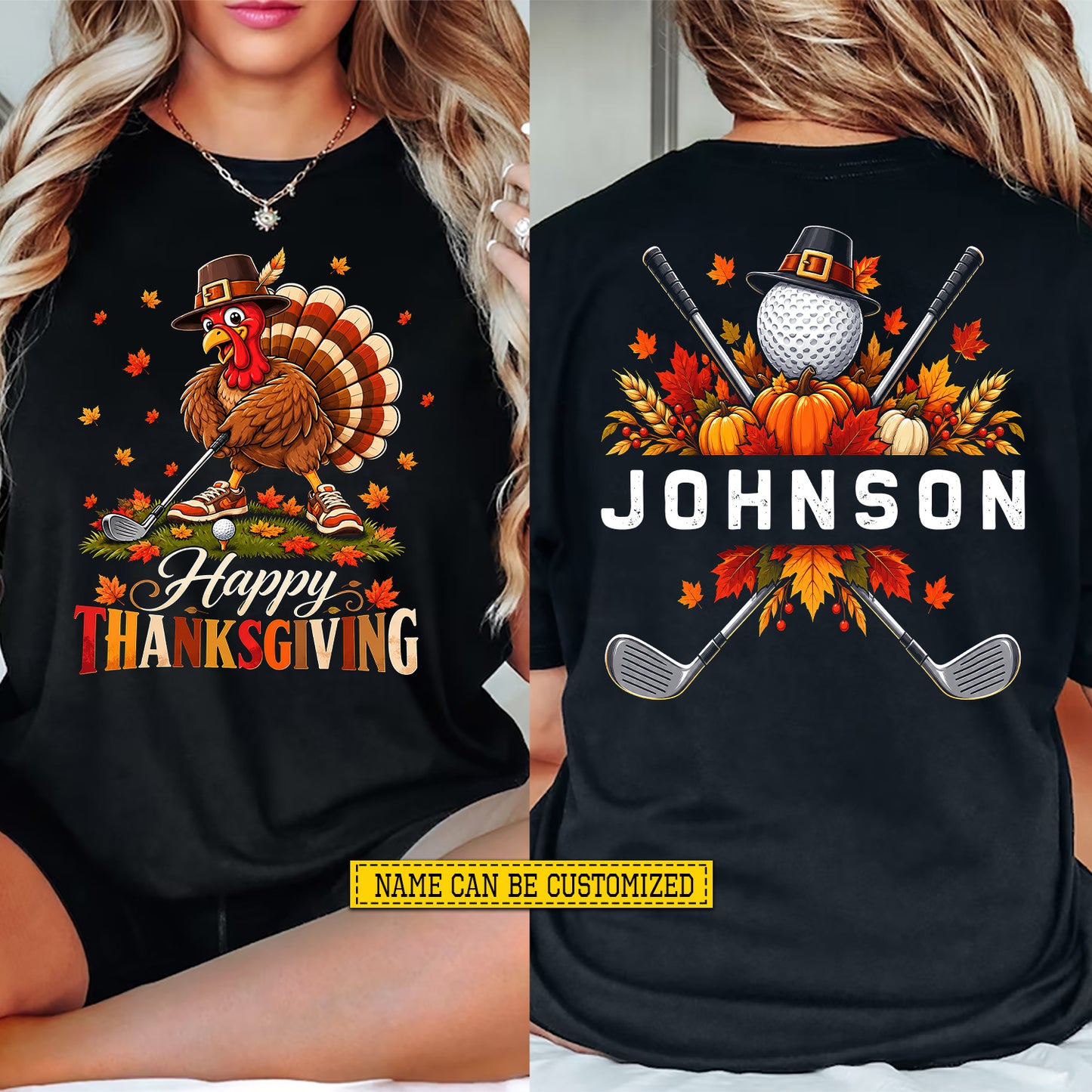 Personalized Thanksgiving Golf Turkey Two-sided T-shirt, Happy Thanksgiving Tees Thankful Gift For Golf Lover