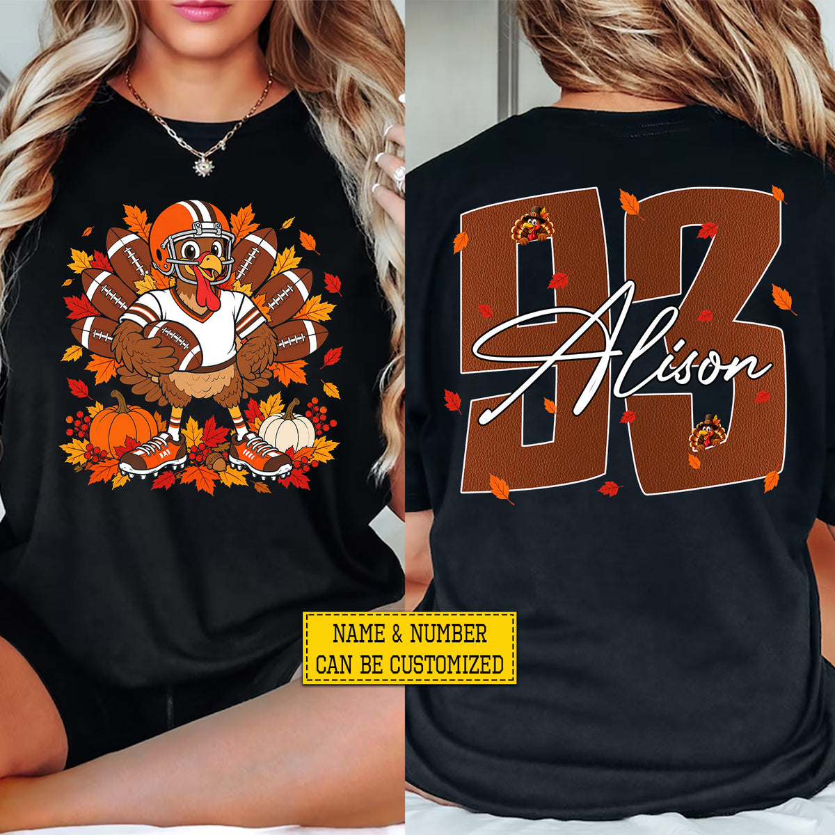 Personalized Thanksgiving Football Turkey Two-sided T-shirt, Turkey Takes The Field Tees Thankful Gift For Football Lover