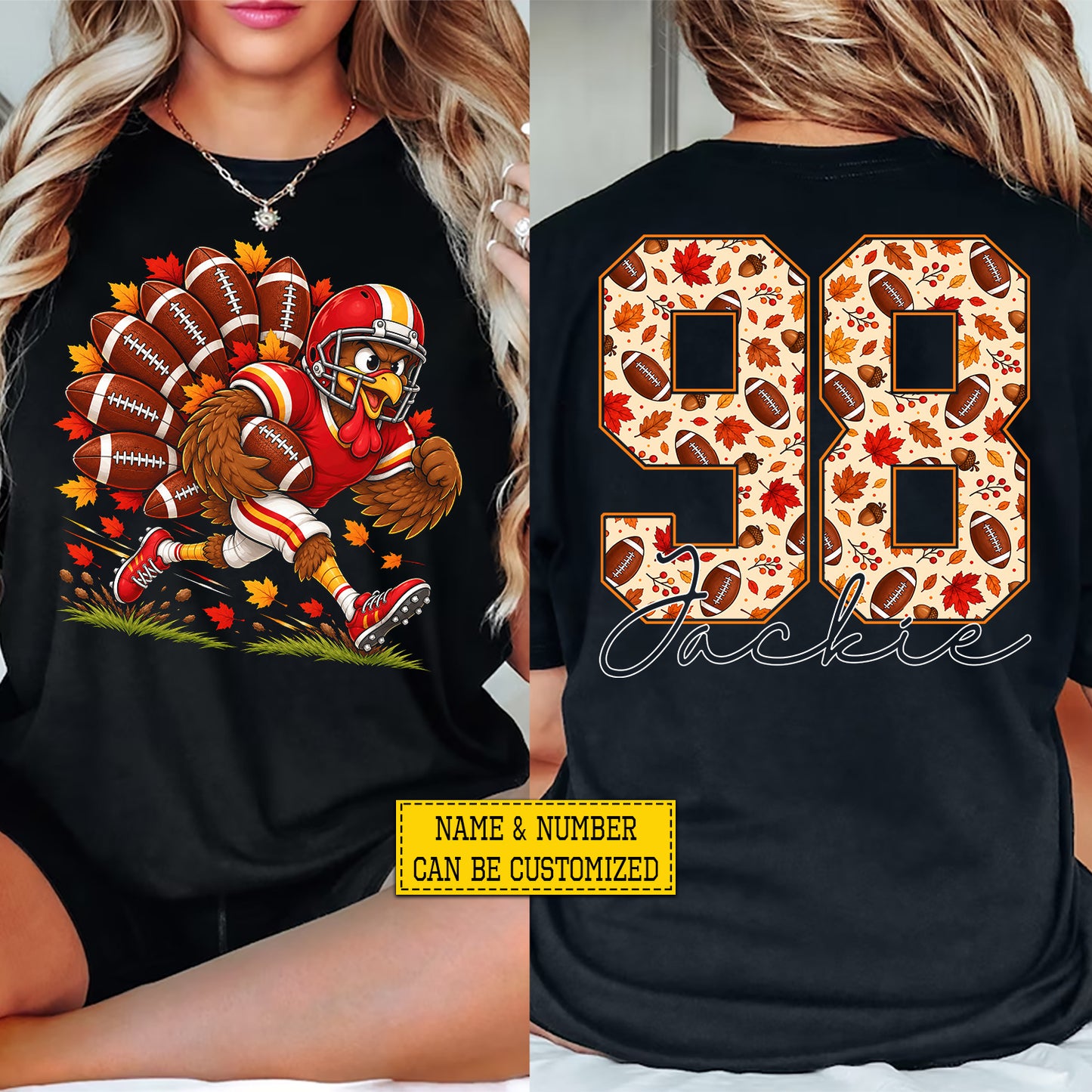 Personalized Thanksgiving Football Turkey Two-sided T-shirt, Gobble, Run, Score Tees Thankful Gift For Football Lover