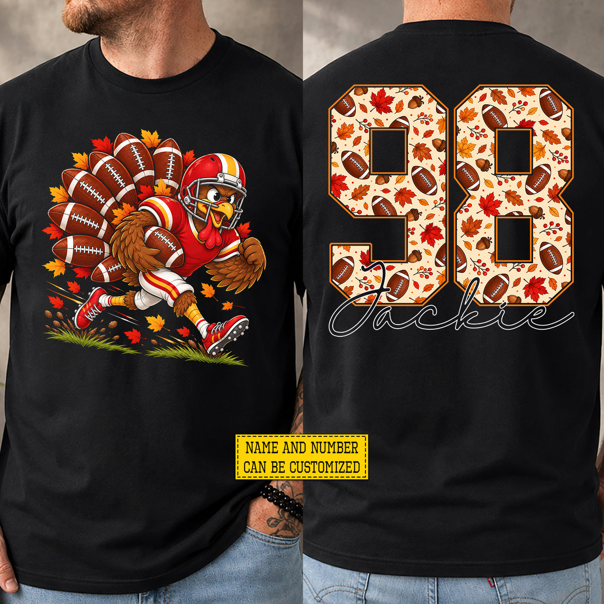 Personalized Thanksgiving Football Turkey Two-sided T-shirt, Gobble, Run, Score Tees Thankful Gift For Football Lover
