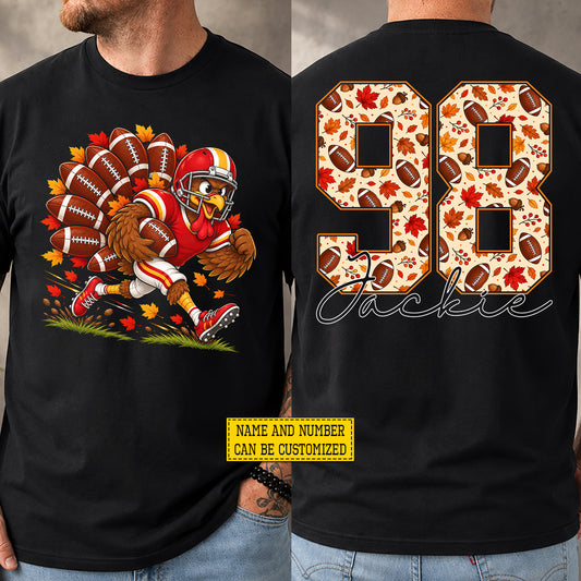 Personalized Thanksgiving Football Turkey Two-sided T-shirt, Gobble, Run, Score Tees Thankful Gift For Football Lover