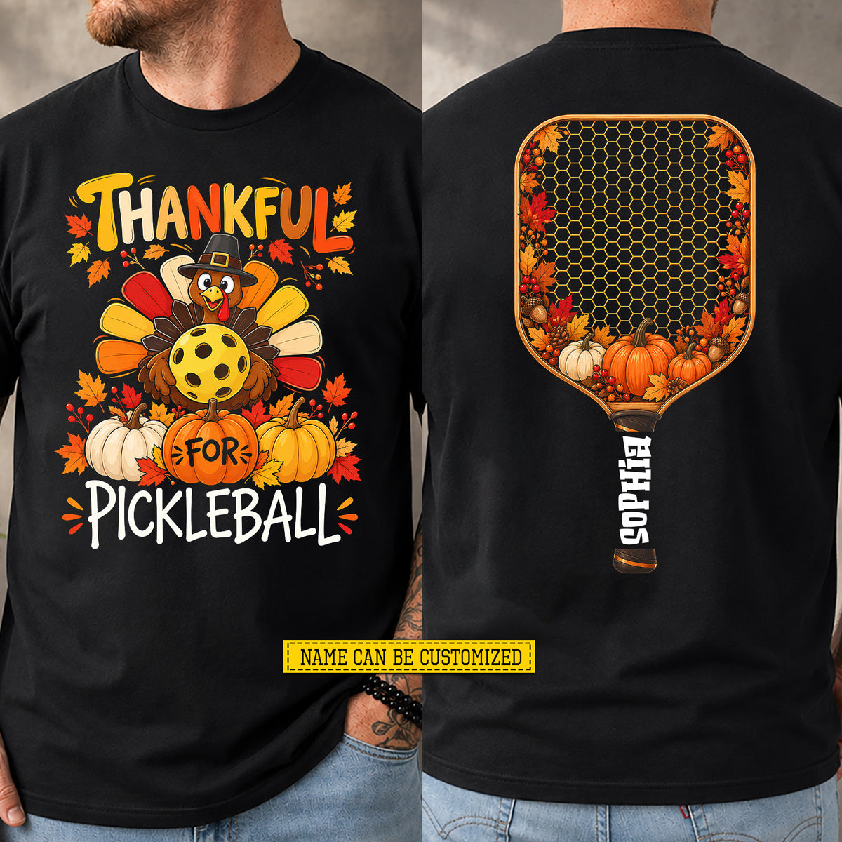 Personalized Thanksgiving Pickleball Turkey Two-sided T-shirt, Thankful For Pickleball Tees Sport Gift For Pickleball Lover