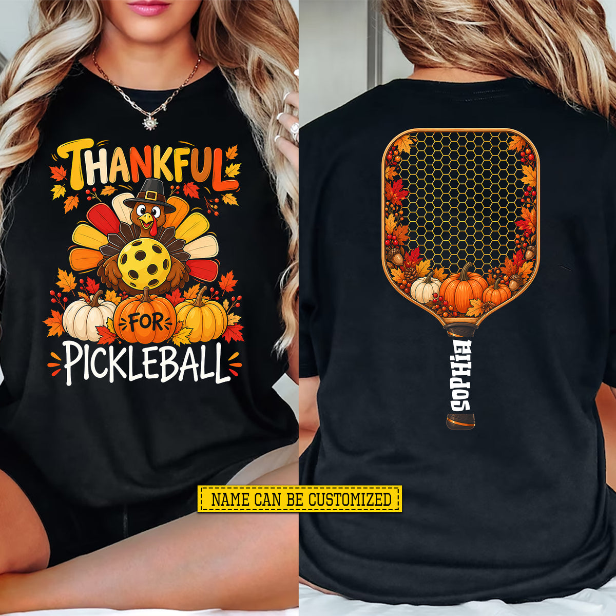 Personalized Thanksgiving Pickleball Turkey Two-sided T-shirt, Thankful For Pickleball Tees Sport Gift For Pickleball Lover